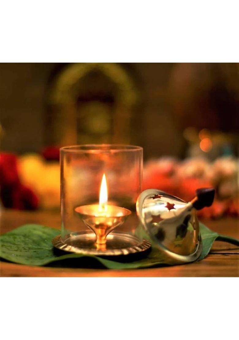 ANI DIVINE Golden Akhand Deep WIth Cover High Quality Brass Glass Table Diya Brass Glass Table Diya(Height 4 inch) - Indya