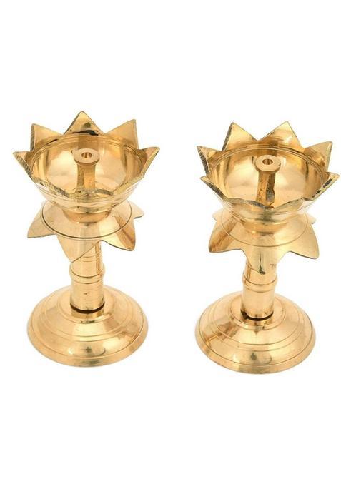 RUDRANSH Combo Set of 2 Pure Brass Diya for Puja Lotus Shape Diya 3.5 inch set of 2 Brass (Pack of 2) Table Diya(Height 3.5 inch)