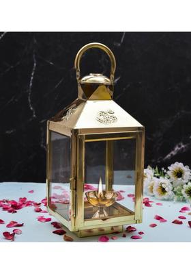 HOUZZPLUS Akhand Diya with Glass Cover Brass Diya for Puja Room Brass Table Diya Brass Table Diya Set(Height 12 inch)