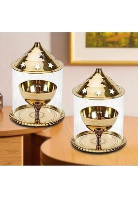 SriMaa Ventures Set of 2 Brass Akhand Diya 5 Inch with Borosilicate Glass for Pooja Diwali Brass Glass (Pack of 2) Table Diya Set(Height 5 inch)