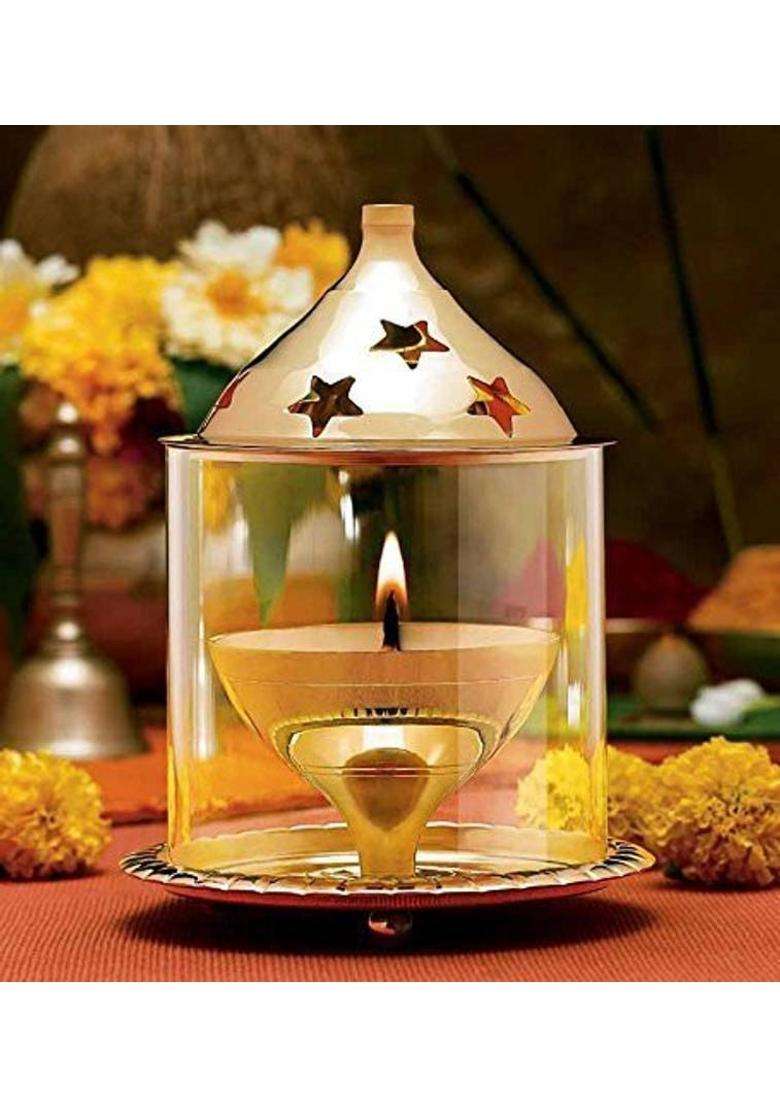 Hemito Brass Akhand Diya with Borosilicate Glass (HEIGHT - 2 INCH) Brass Table Diya Set(Height 4.5 inch) - Indya