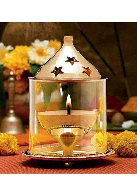 Hemito Brass Akhand Diya with Borosilicate Glass (HEIGHT - 2 INCH) Brass Table Diya Set(Height 4.5 inch)