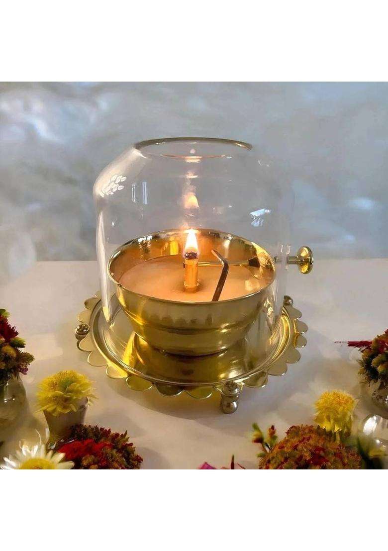 Good Luck Handicraft Golden Brass Akhand Diya Oil Lamp with Rotating Wick Glass cover Brass Table Diya(Height 23 inch) - Indya