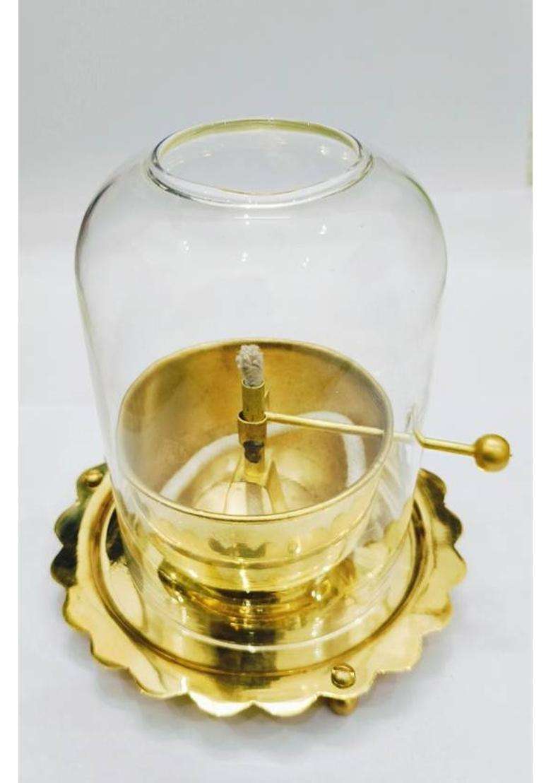 Good Luck Handicraft Golden Brass Akhand Diya Oil Lamp with Rotating Wick Glass cover Brass Table Diya(Height 23 inch) - Indya