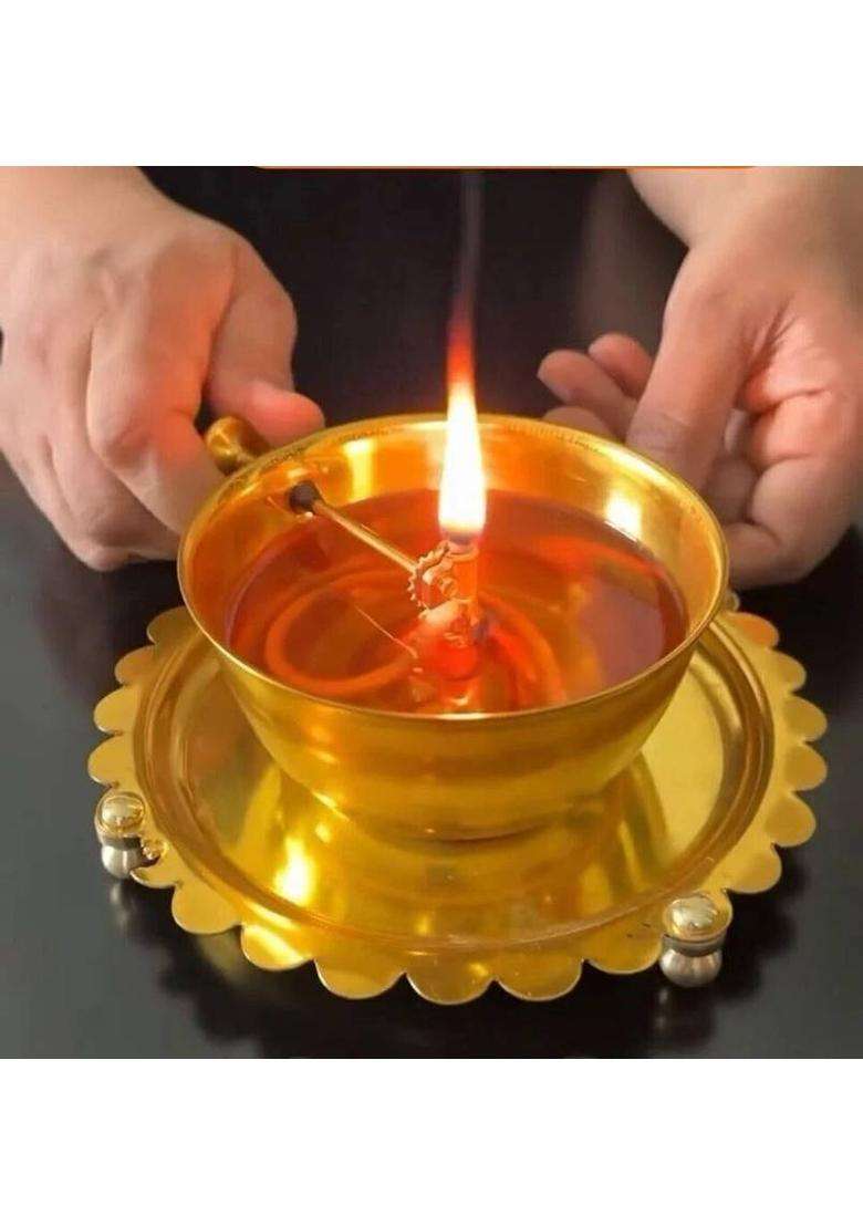 Good Luck Handicraft Golden Brass Akhand Diya Oil Lamp with Rotating Wick Glass cover Brass Table Diya(Height 23 inch) - Indya