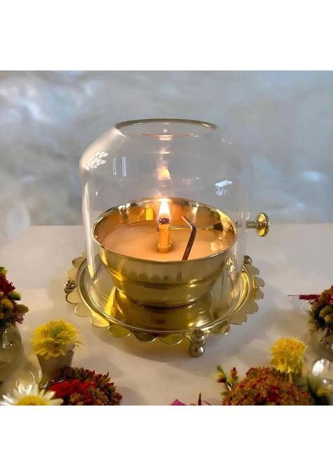 Good Luck Handicraft Golden Brass Akhand Diya Oil Lamp with Rotating Wick Glass cover Brass Table Diya(Height 23 inch)