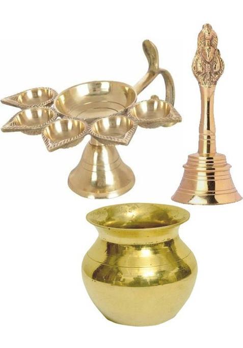 vedanshstore Brass Panch Deepak ( Diya ) With Bell ( Ghanti ) and Lutiya ( kalas ) for Home and Office Temple Brass Table Diya Set(Height 2.75 inch)