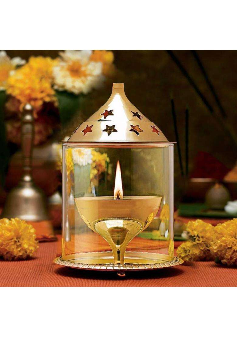 EliteTouch Akhand Borosilicate Glass Brass Table Diya(Height 5 inch) - Indya