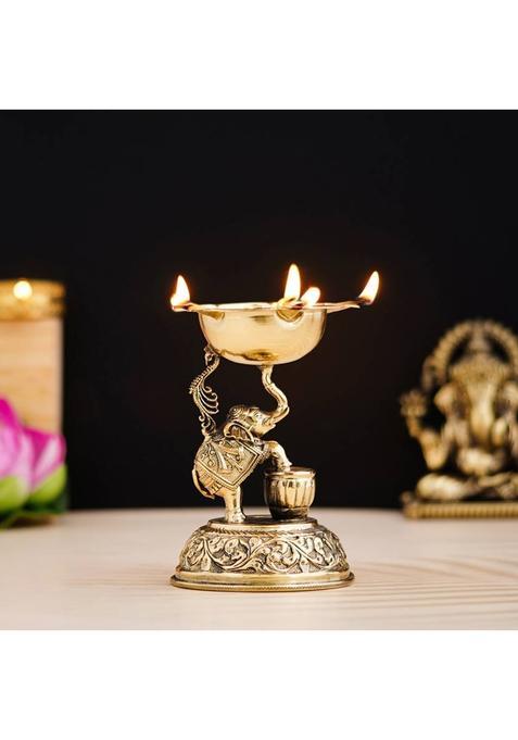 shyam antique creation Elephant Shape Samai Diya Animal Design Deepak Stand Oil Wick Lamp for Home Puja Brass Table Diya(Height 4.5 inch)