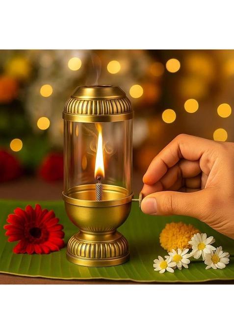 CW Crafts World Designer Akhand Diya for Home and Puja room Iron Glass Table Diya Iron Table Diya(Height 5 inch)