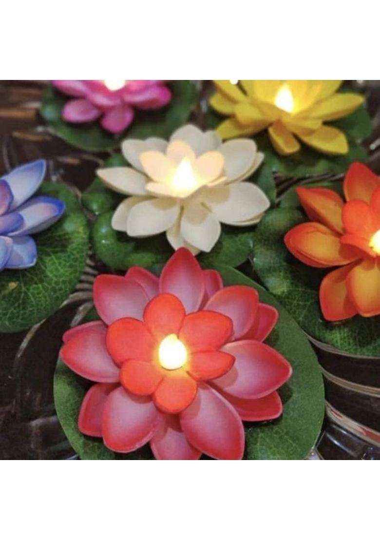 VIGRATI ENTERPRISE Waterproof LED Floating Water Sensor Lotus for Diwali Decoration Plastic (Pack of 6) Table Diya Set(Height 3.96 inch) - Indya