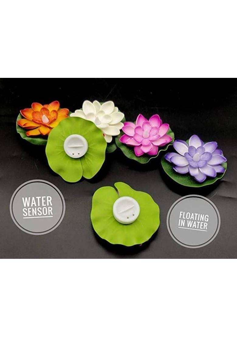 VIGRATI ENTERPRISE Waterproof LED Floating Water Sensor Lotus for Diwali Decoration Plastic (Pack of 6) Table Diya Set(Height 3.96 inch) - Indya