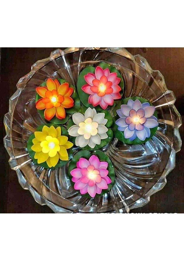 VIGRATI ENTERPRISE Waterproof LED Floating Water Sensor Lotus for Diwali Decoration Plastic (Pack of 6) Table Diya Set(Height 3.96 inch) - Indya