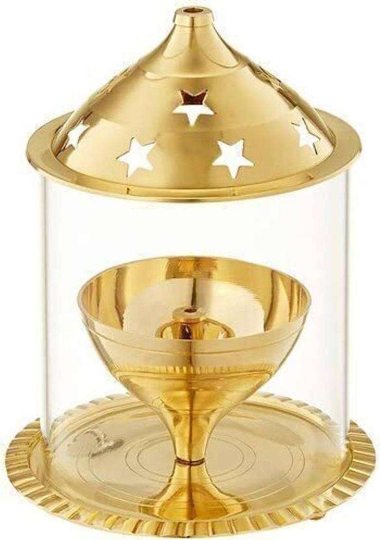T-KA108 Brass Akhand Diya with Borosilicate Glass Brass Table Diya Set By T-KA108 Brass Table Diya(Height 5.9 inch) - Indya