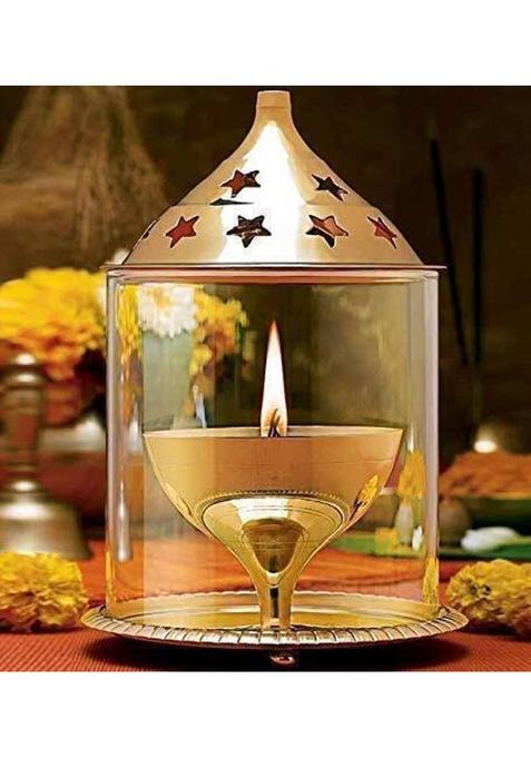 T-KA108 Brass Akhand Diya with Borosilicate Glass Brass Table Diya Set By T-KA108 Brass Table Diya(Height 5.9 inch)