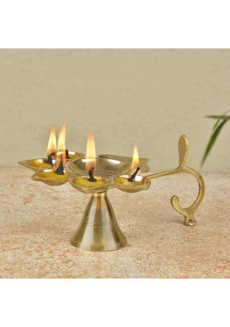 RUDRANSH Pure Brass Panchmukhi Jyoti/Puja Aarti Diya for Pooja Panchmukkhi Brass Diya Brass Table Diya(Height 3 inch) - Indya