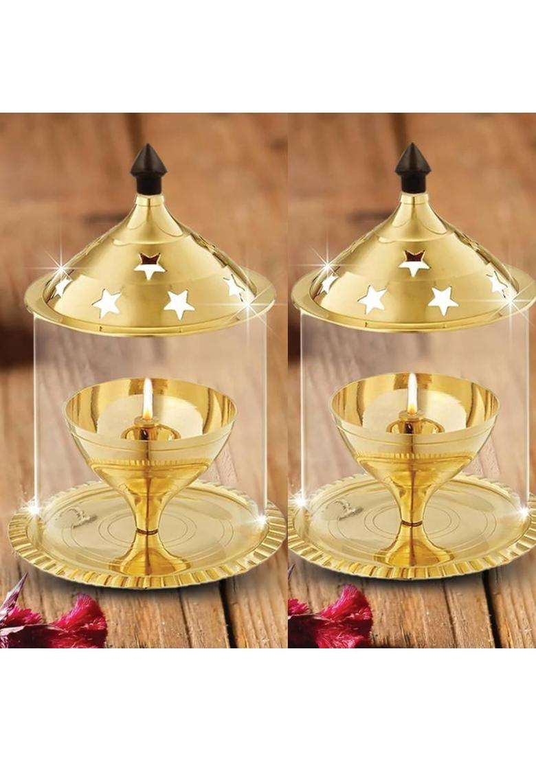sanskaari Premium Brass & Glass Akhand Diya/Oil Lamp/Pooja Deepak (Pack of 2 ) Brass Table Diya(Height 5 inch) - Indya