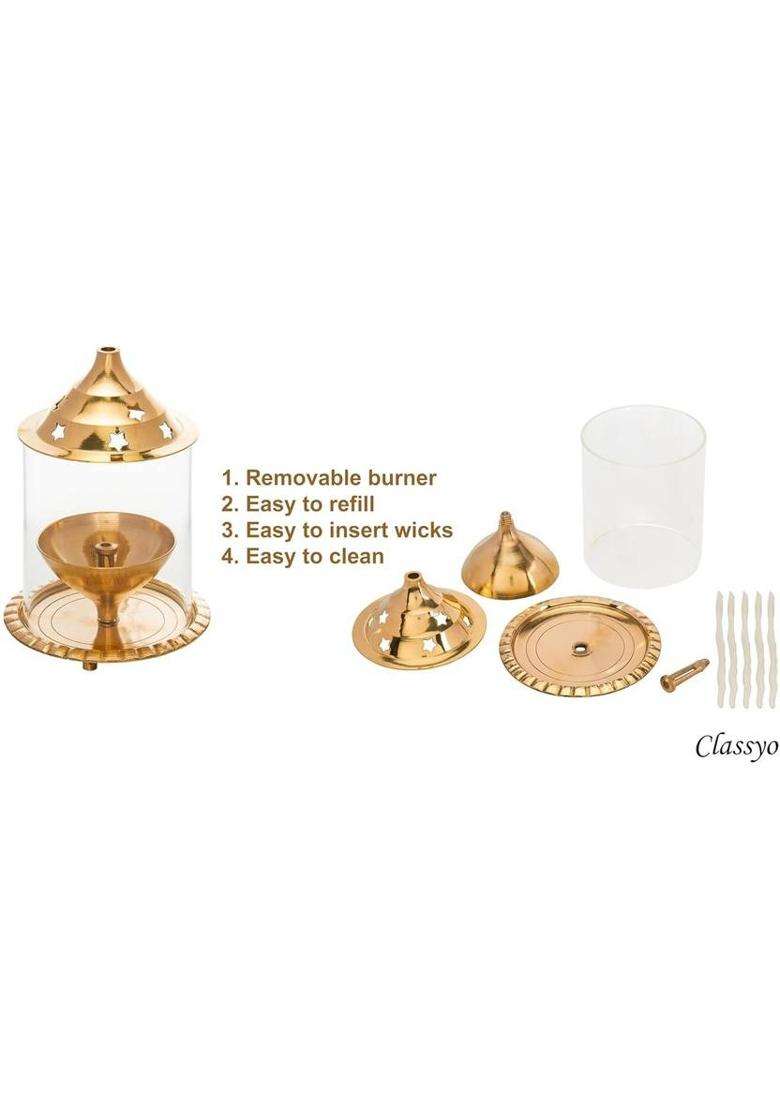 sanskaari Premium Brass & Glass Akhand Diya/Oil Lamp/Pooja Deepak (Pack of 2 ) Brass Table Diya(Height 5 inch) - Indya