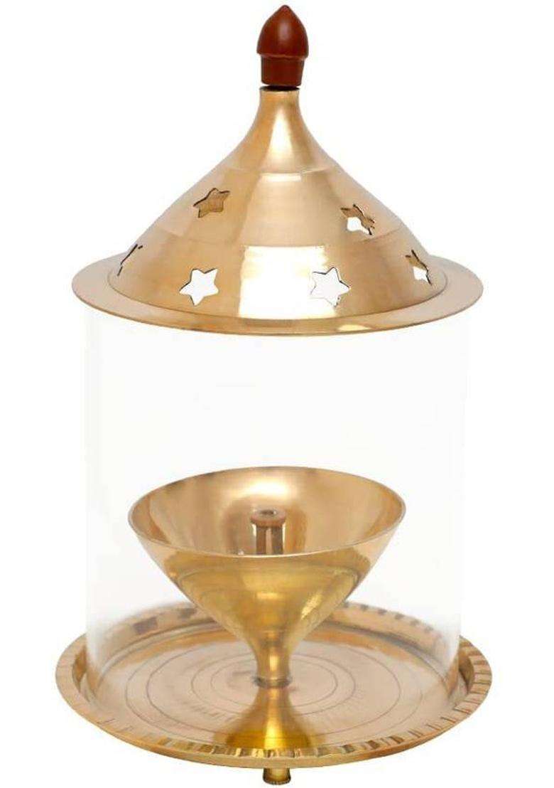 sanskaari Premium Brass & Glass Akhand Diya/Oil Lamp/Pooja Deepak (Pack of 2 ) Brass Table Diya(Height 5 inch) - Indya