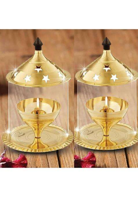 sanskaari Premium Brass & Glass Akhand Diya/Oil Lamp/Pooja Deepak (Pack of 2 ) Brass Table Diya(Height 5 inch)