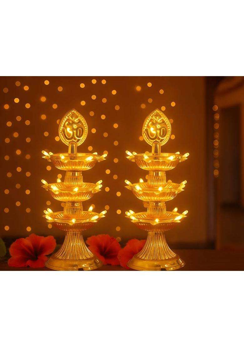 JYT OM 3 Layer Electric Gold LED Diya for TempleTable Diya Set Flameless(Pack of 2) Plastic (Pack of 2) Table Diya Set(Height 14 inch) - Indya