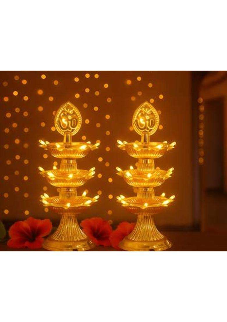 JYT OM 3 Layer Electric Gold LED Diya for TempleTable Diya Set Flameless(Pack of 2) Plastic (Pack of 2) Table Diya Set(Height 14 inch) - Indya