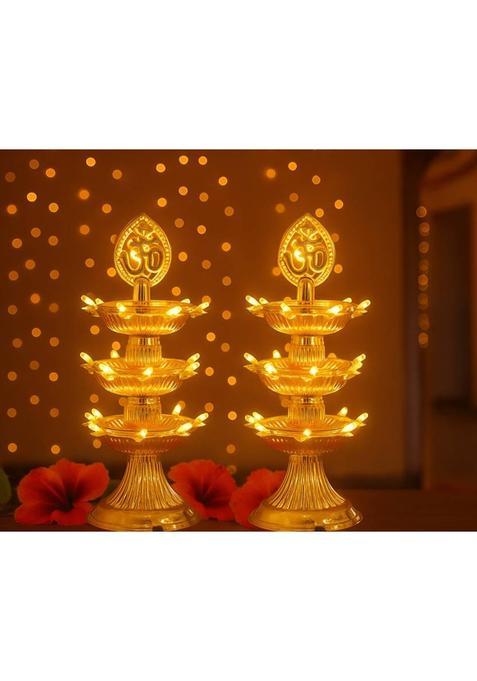 JYT OM 3 Layer Electric Gold LED Diya for TempleTable Diya Set Flameless(Pack of 2) Plastic (Pack of 2) Table Diya Set(Height 14 inch)