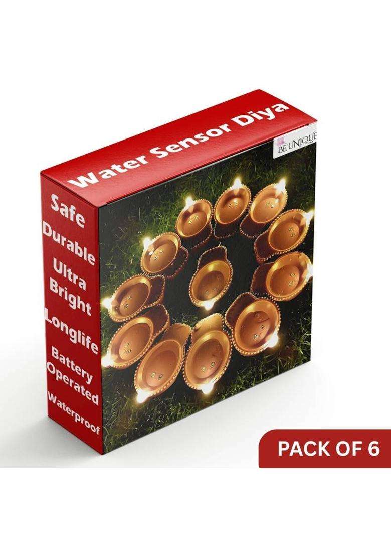 BE UNIQUE Water Sensor LED Diya Set Ultra Bright Decorative Diyas for Festivals Plastic (Pack of 6) Table Diya(Height 1 inch) - Indya