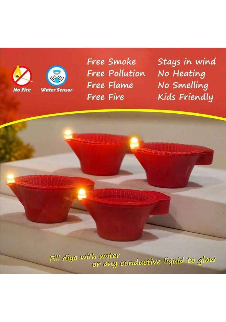 BE UNIQUE Water Sensor LED Diya Set Ultra Bright Decorative Diyas for Festivals Plastic (Pack of 6) Table Diya(Height 1 inch) - Indya