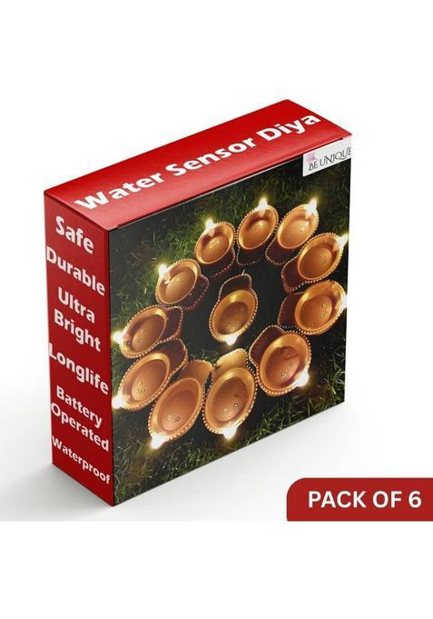 BE UNIQUE Water Sensor LED Diya Set Ultra Bright Decorative Diyas for Festivals Plastic (Pack of 6) Table Diya(Height 1 inch)