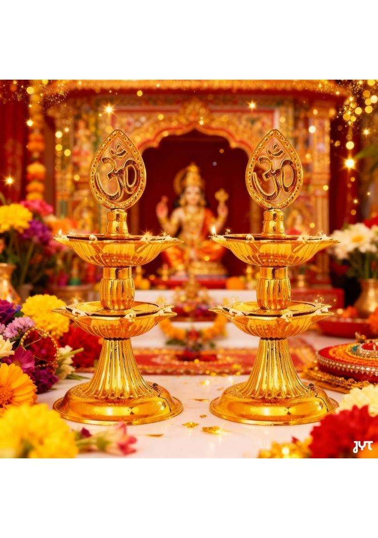 JYT Om 2 Layer Electric Gold LED Lamp (Pack of 2) Plastic (Pack of 2) Table Diya Set(Height 8 inch) - Indya