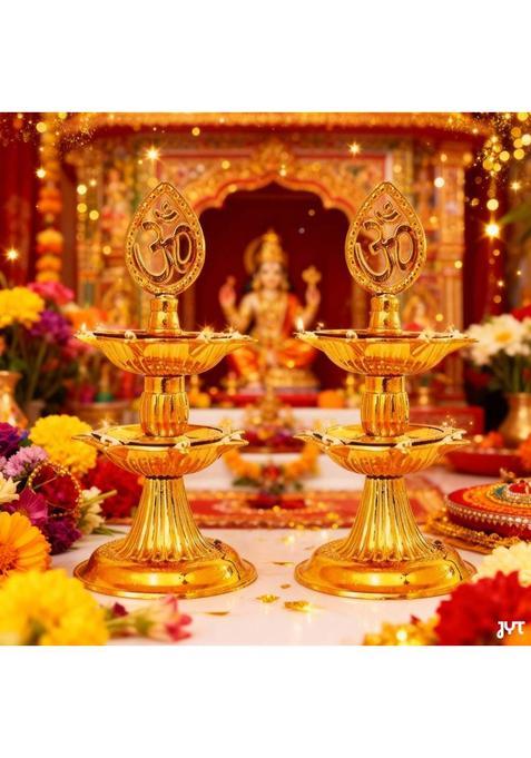 JYT Om 2 Layer Electric Gold LED Lamp (Pack of 2) Plastic (Pack of 2) Table Diya Set(Height 8 inch)