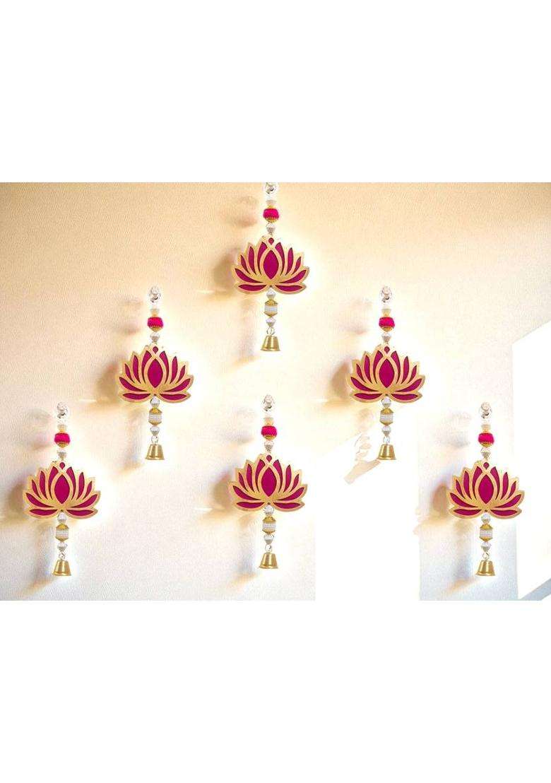 Sinu Craft Golden-Pink Lotus Charm Toran(Acrylic (Lotus) Beads Metal Bell MDF) - Indya
