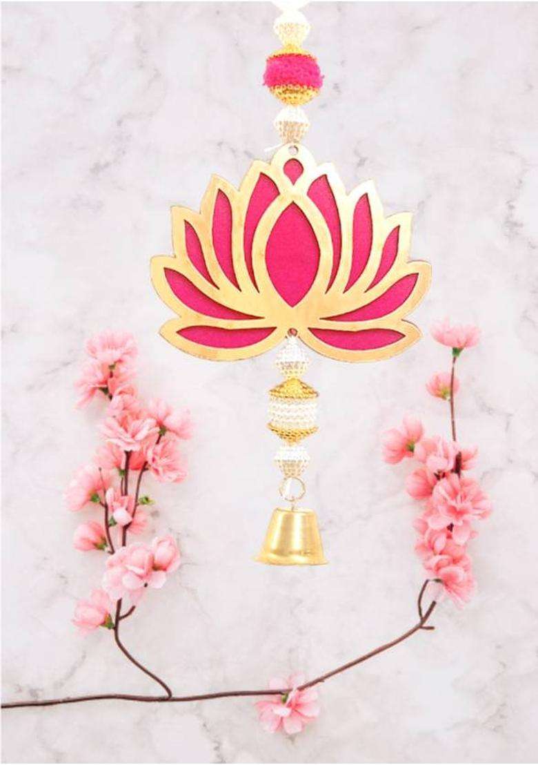 Sinu Craft Golden-Pink Lotus Charm Toran(Acrylic (Lotus) Beads Metal Bell MDF) - Indya