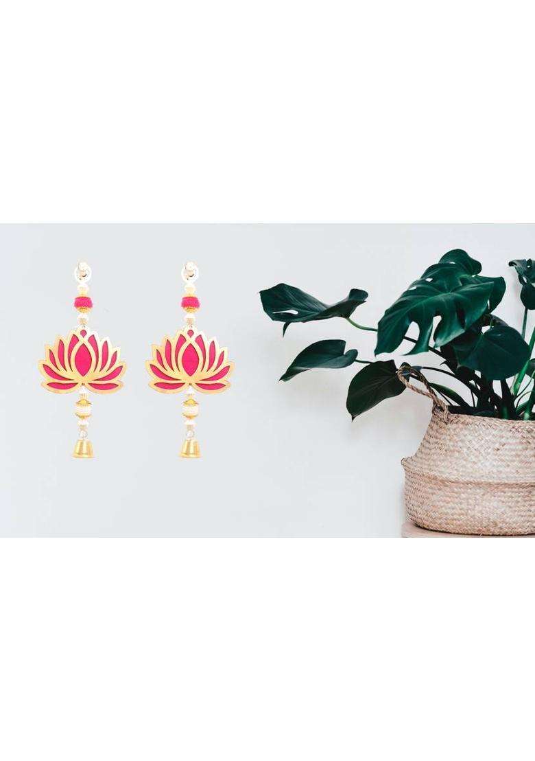 Sinu Craft Golden-Pink Lotus Charm Toran(Acrylic (Lotus) Beads Metal Bell MDF) - Indya