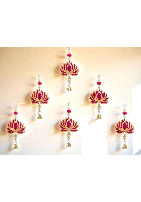 Sinu Craft Golden-Pink Lotus Charm Toran(Acrylic (Lotus) Beads Metal Bell MDF)