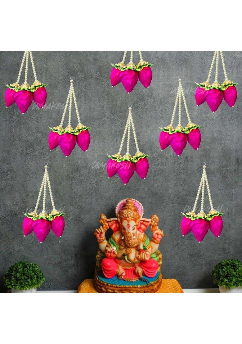 divyakosh Handmade Lotus Buds Hanging Pack of 5 12 Inch Solawood Pooja Room Decor Toran - Indya