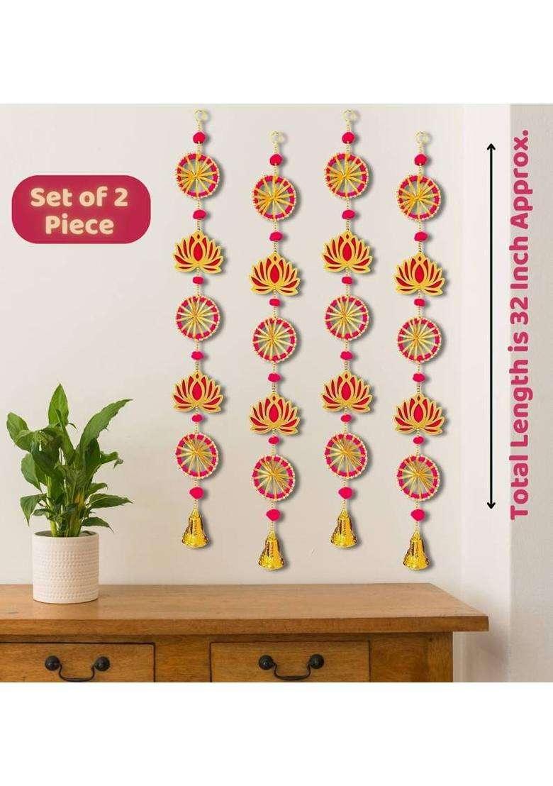 Jack Lawrence 2Pcs Lotus and Ring Line Hanging Toran Toran(Metallic Hooks Golden Plastic Bells Velvet Lotus MDF Moti Beads) - Indya