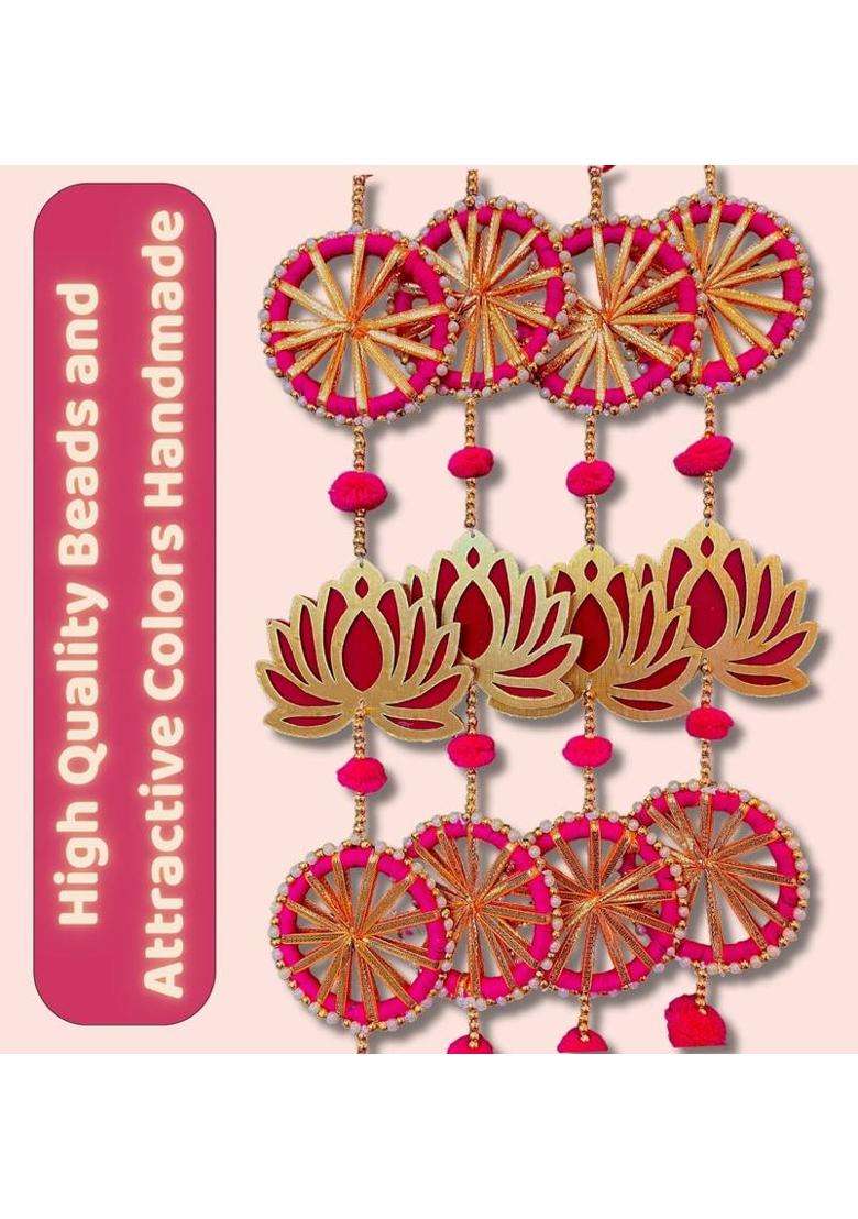 Jack Lawrence 2Pcs Lotus and Ring Line Hanging Toran Toran(Metallic Hooks Golden Plastic Bells Velvet Lotus MDF Moti Beads) - Indya