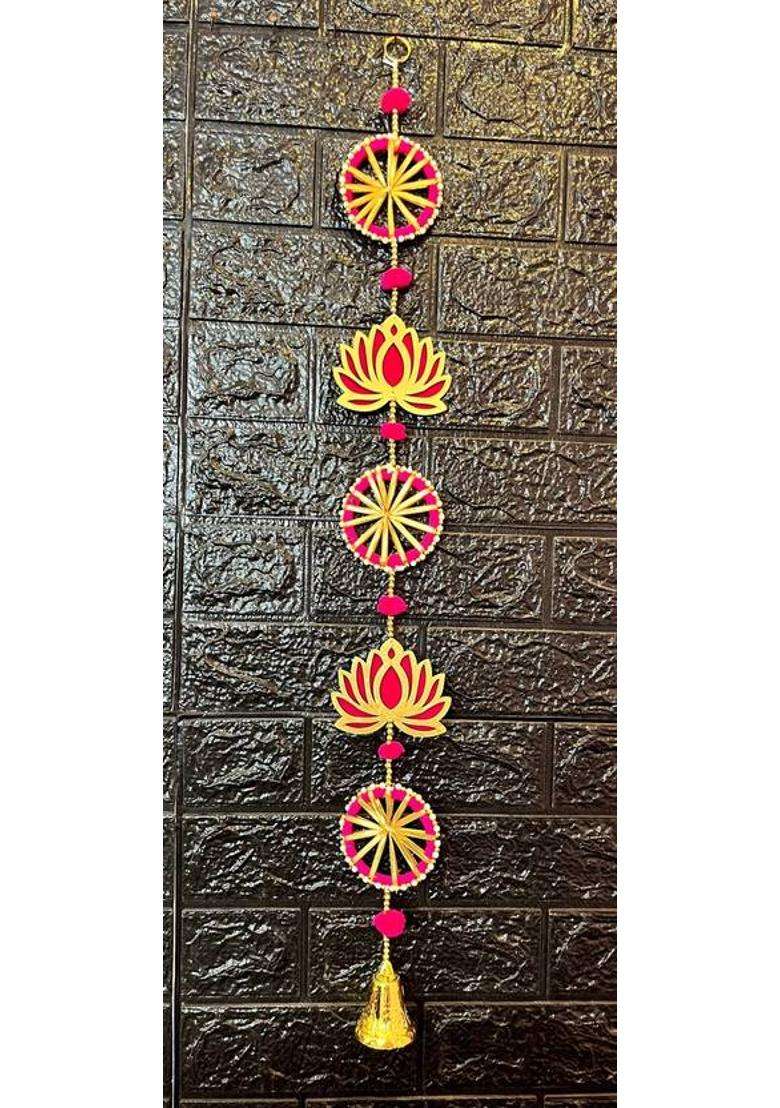 Jack Lawrence 2Pcs Lotus and Ring Line Hanging Toran Toran(Metallic Hooks Golden Plastic Bells Velvet Lotus MDF Moti Beads) - Indya