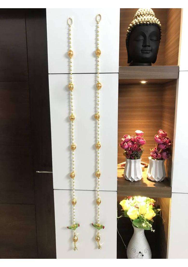 Anicca Collections Handmade Wall Door 3 FT.2 Strings with white Pearl Golden Beads Parrot Hanging Pom Pom Torans Garland Bandhwar Decoration Item for Home Dcor Diwali Festival Navratri Wedding (3 FT 2 Strings) Toran(Wool) - Indya