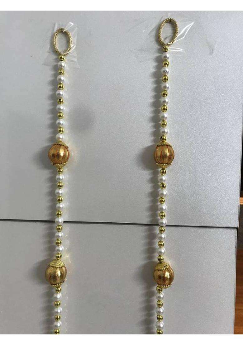 Anicca Collections Handmade Wall Door 3 FT.2 Strings with white Pearl Golden Beads Parrot Hanging Pom Pom Torans Garland Bandhwar Decoration Item for Home Dcor Diwali Festival Navratri Wedding (3 FT 2 Strings) Toran(Wool) - Indya