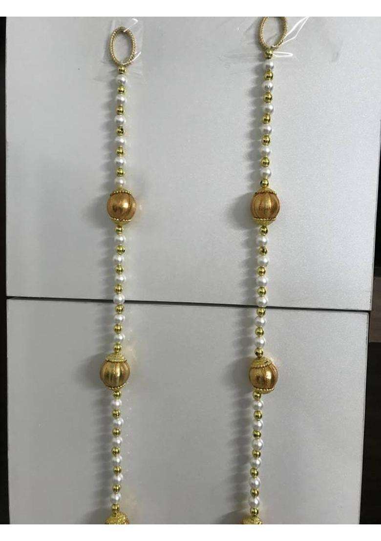Anicca Collections Handmade Wall Door 3 FT.2 Strings with white Pearl Golden Beads Parrot Hanging Pom Pom Torans Garland Bandhwar Decoration Item for Home Dcor Diwali Festival Navratri Wedding (3 FT 2 Strings) Toran(Wool) - Indya