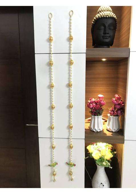 Anicca Collections Handmade Wall Door 3 FT.2 Strings with white Pearl Golden Beads Parrot Hanging Pom Pom Torans Garland Bandhwar Decoration Item for Home Dcor Diwali Festival Navratri Wedding (3 FT 2 Strings) Toran(Wool)