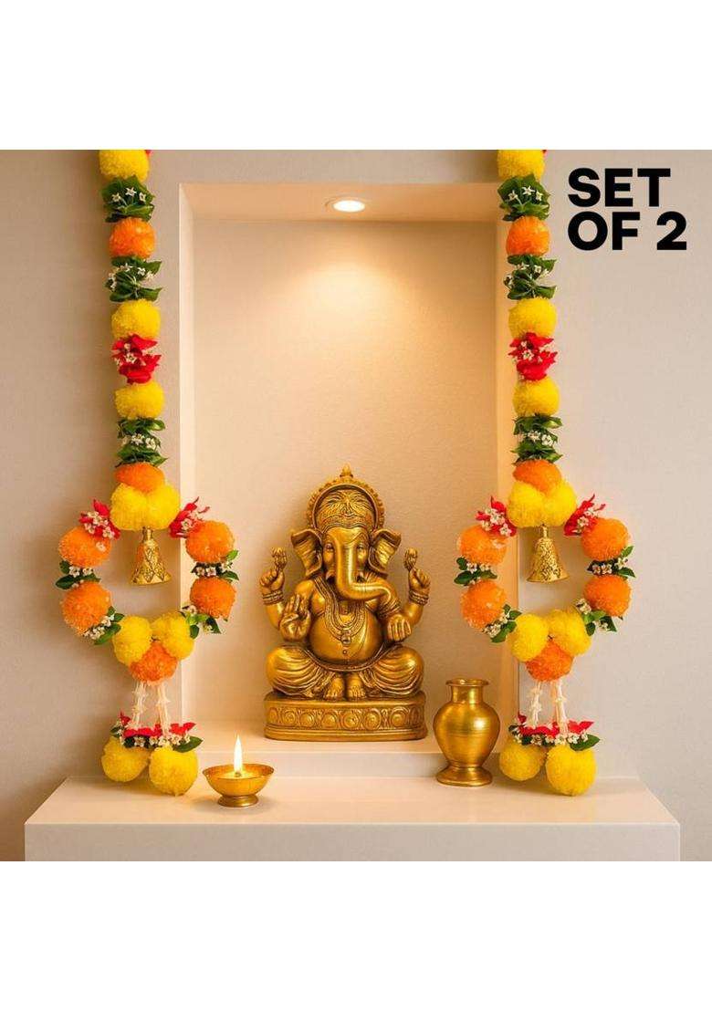 BDRMKH Genda hanging marigold flower hanging Toran(Pom-Pom Pearls Golden Bell) - Indya