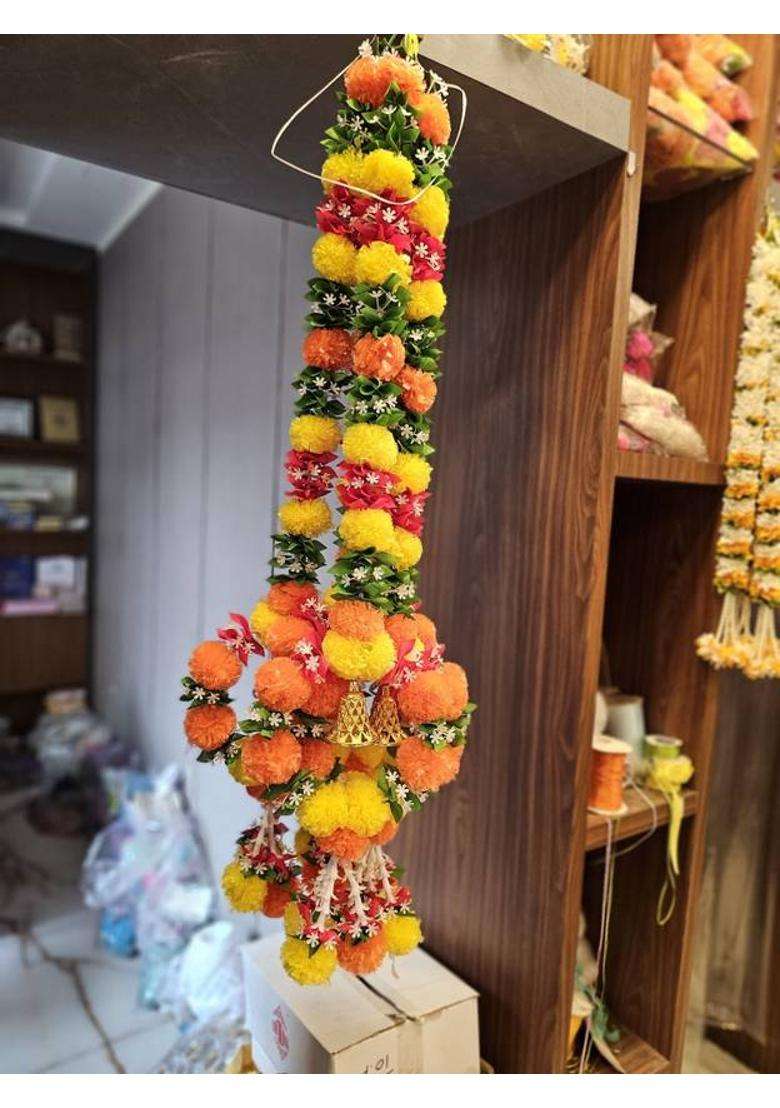 BDRMKH Genda hanging marigold flower hanging Toran(Pom-Pom Pearls Golden Bell) - Indya