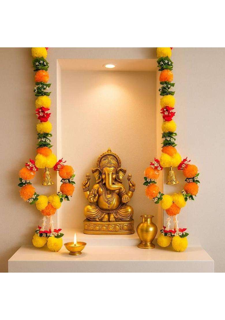 BDRMKH Genda hanging marigold flower hanging Toran(Pom-Pom Pearls Golden Bell) - Indya