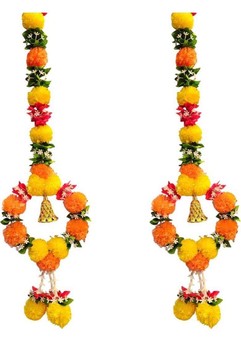 BDRMKH Genda hanging marigold flower hanging Toran(Pom-Pom Pearls Golden Bell) - Indya