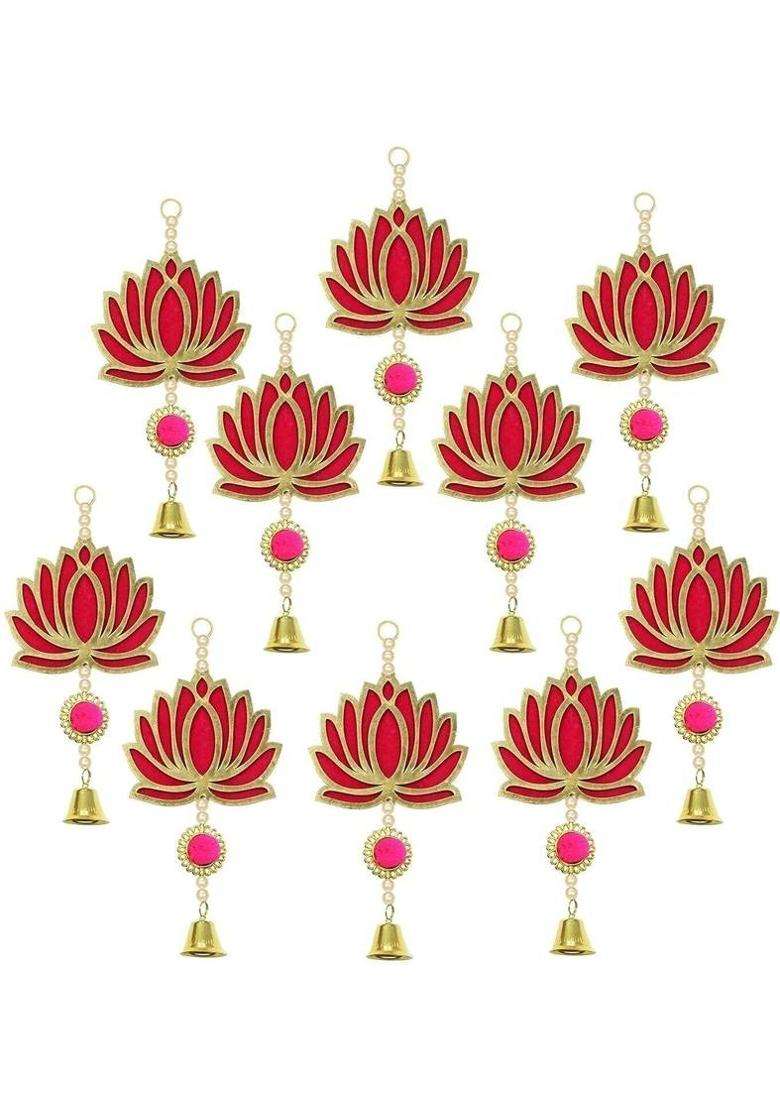 BDRMKH PACK OF 6 Lotus with Bell Toran(MDF Velvet Pom-Pom Pearls Golden Bell) - Indya