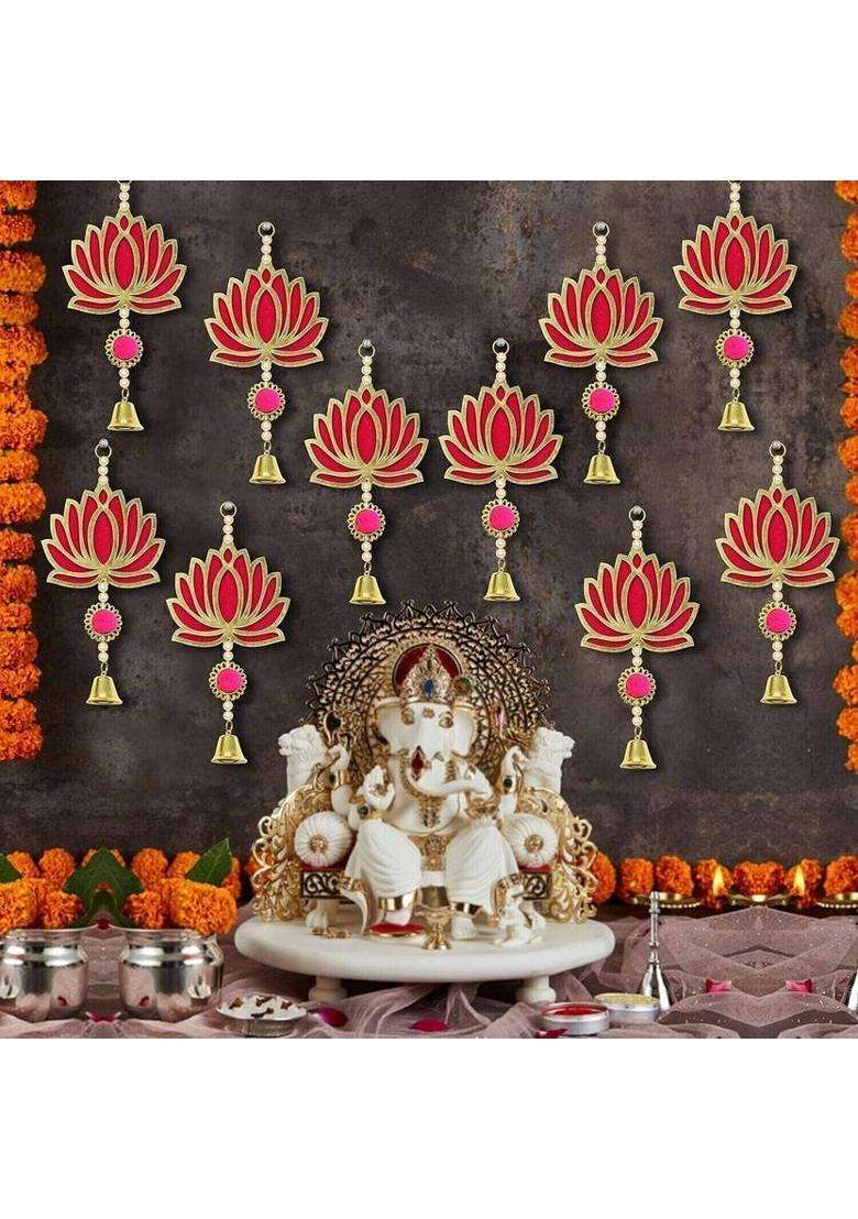 BDRMKH PACK OF 6 Lotus with Bell Toran(MDF Velvet Pom-Pom Pearls Golden Bell) - Indya